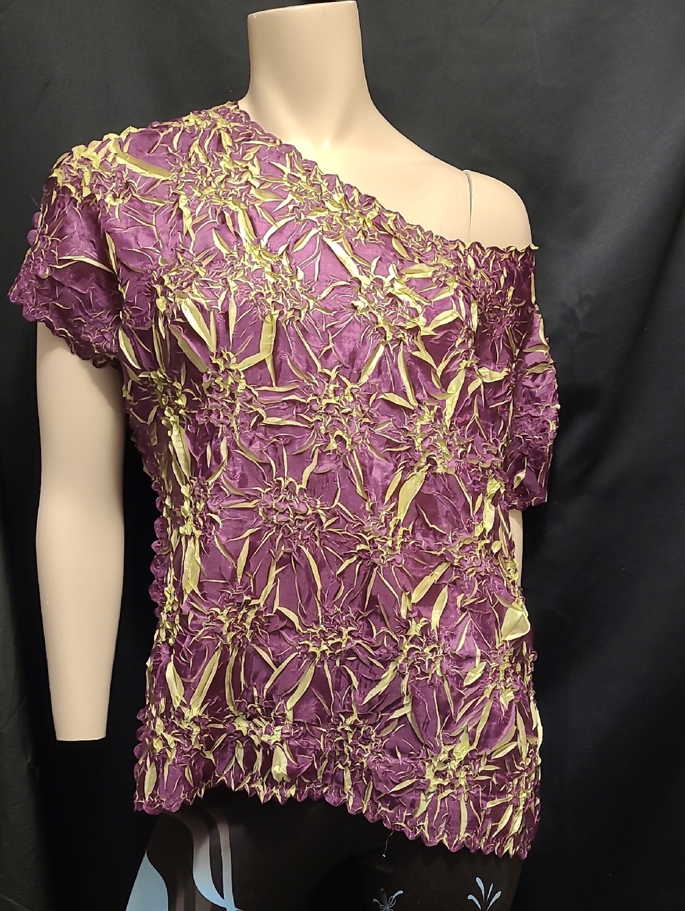 Origami Magic Scarf One Size  Blouse  Purple & Lime Textured Floral Appliqué Top